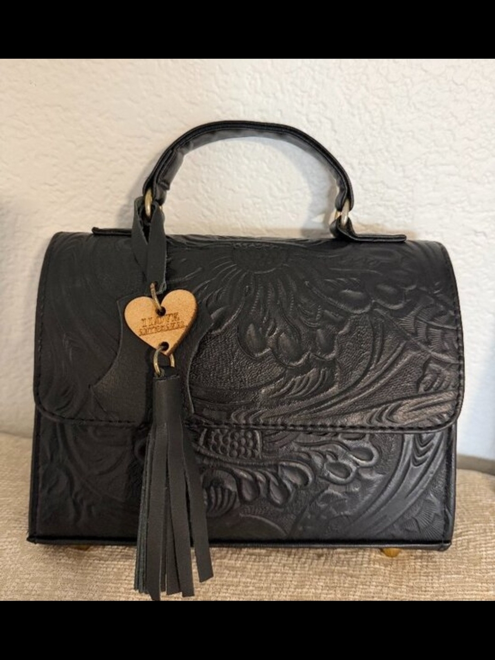 Black Faux Leather Handbag (With Shoulder Strap) From Mexico